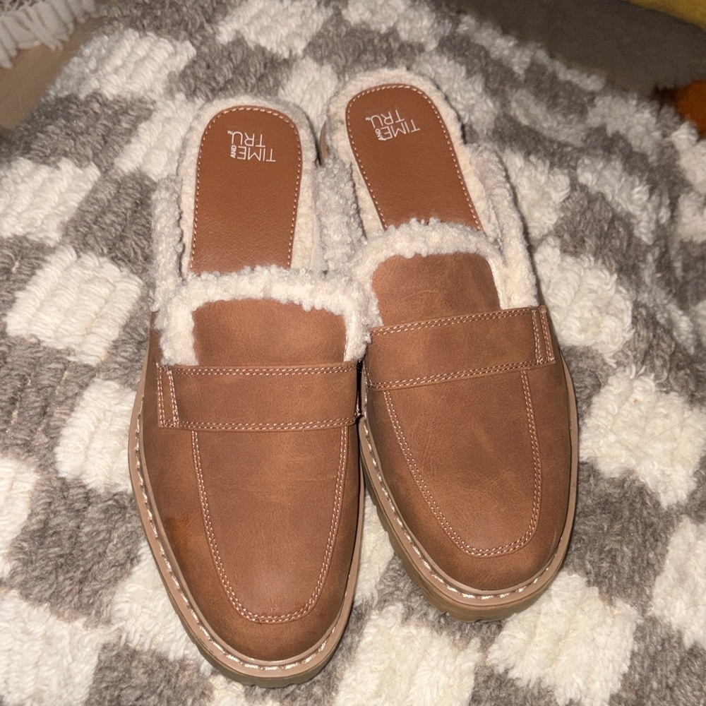 Time and Tru Tan Mules with Cream Lining